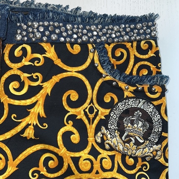Versace Chaos Couture Studded Archival Print Denim Fringe Jeans Size 44​​​ - Picture 7 of 16